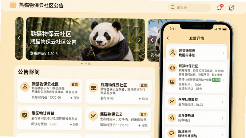 主体:熊猫物保云社区公告界面,展示公告列表与详情页;布局:上方为公告标题轮播图,下方为列表卡片;排版:大标题配摘要文字,阅读时间预估;风格:暖色调社区风,背景为淡黄色;细节:公告卡片包含图标、标题、发布时间与“置顶”标签;画质:柔和明亮,干净清爽。
