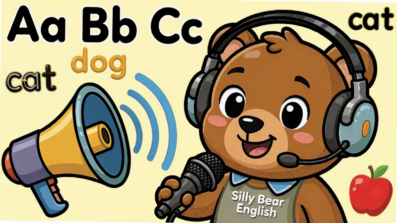 һ��չʾSilly Bear English����ѧϰ���ܵĲ�ͼ��һֻ�ɰ��Ŀ�ͨС�ܡ�Silly Bear English�����Ŷ���������˷磬�Ա���һ��������ͼ�귢���������ƣ���Χ��������ĸAa Bb Cc�͵���cat��dog��apple��������ǳ��ɫ�������������죬����2D��ͨ���ϸ�ھ��£����ʸɾ����޶���Ԫ��