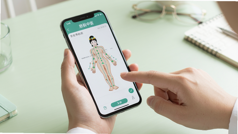 慈航中医APP使用教程配图,主体为一部手机握在手中,屏幕显示穴位图谱页面,另一只手点击屏幕,背景为淡绿色桌面,光线明亮,风格写实,细节清晰,画面干净无多余元素