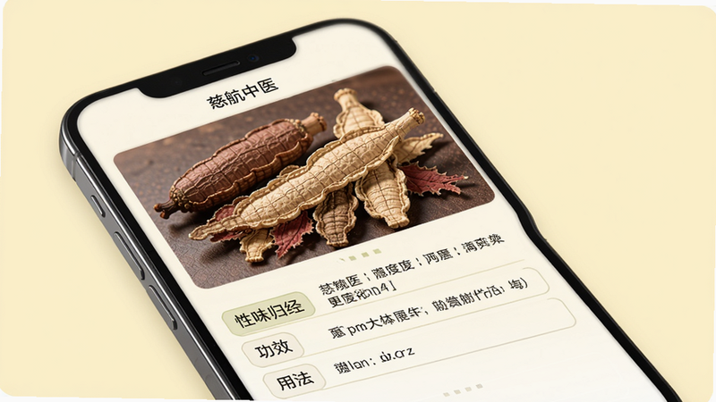 慈航中医APP中药详情页,主体为手机屏幕,展示一味中药材的高清摄影图片,下方列表显示“性味归经”“功效”“用法”等文字信息,整体排版干净,背景为浅黄色,风格简约,细节丰富,画质清晰