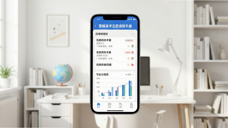 画面主体为一部智能手机悬浮在简洁明亮的书房背景中,屏幕显示“雪峰高考志愿填报手册”APP界面,界面清晰展示院校列表与专业分数线图表,布局规整,现代扁平化设计风格,细节精致,画质干净,无多余元素。