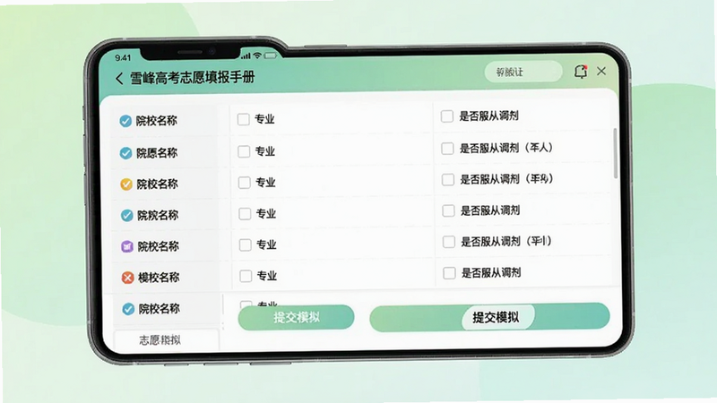 画面主体为手机APP“雪峰高考志愿填报手册”的模拟填报界面,屏幕展示志愿表格,每行有院校名称、专业名称、是否服从调剂选项,底部有“提交模拟”按钮,背景为淡绿色柔和渐变,风格简洁明快,画质干净,无多余元素。