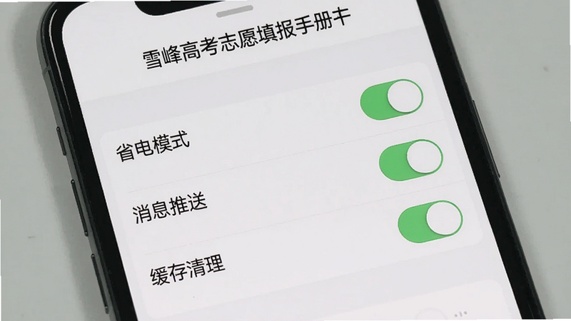 画面主体为手机APP“雪峰高考志愿填报手册”的设置界面,屏幕显示“省电模式”“消息推送”“缓存清理”等选项开关,背景为浅灰色,风格简洁,画质干净,无多余元素。