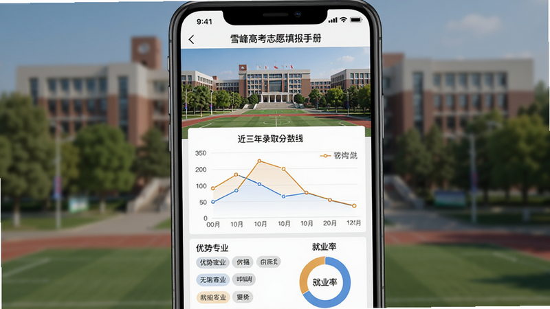 画面主体为手机APP“雪峰高考志愿填报手册”的院校详情页,顶部展示大学校园实景照片,中部以图表形式呈现近三年录取分数线折线图,下方列出优势专业标签与就业率环形图,整体布局清晰,风格写实与扁平结合,画质干净,无多余元素。