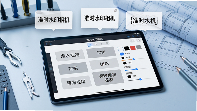 主体:一张工作台上摆放着平板电脑,平板屏幕展示“准时水印相机”的水印模板编辑界面,界面上有多个可拖拽的文字框和样式选项。布局:平板上方悬浮着几个水印样式缩略图,背景为工具和图纸。排版:中心构图,平板屏幕内容清晰可见。风格:写实商务风格,色调偏冷。细节:屏幕中显示自定义字体、颜色、透明度的调节滑块。画质:4K高清水准,干净,无多余元素。