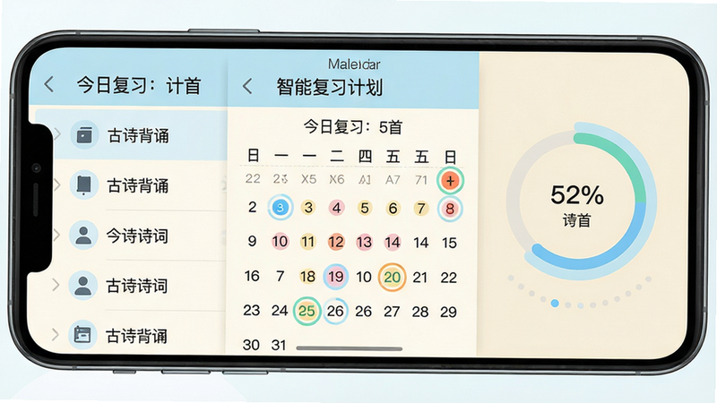 主体:手机界面展示《古诗背诵》的智能复习计划,日历视图上标有彩色圆点,显示“今日复习:5首”。布局:手机竖屏,左侧为诗词列表,右侧为进度环。排版:数据可视化,图标简洁,文字清晰。风格:清新扁平化,主色调为淡蓝与米白。细节:进度环上显示百分比,日历有高亮标记。画质:高清,干净,无多余元素。