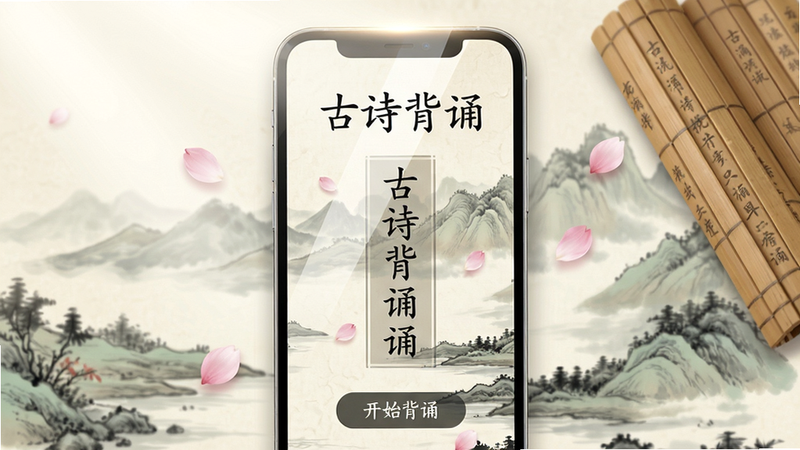 主体:手机屏幕展示《古诗背诵》主界面,背景为古典山水画与竹简元素,界面中央显示一首竖排古诗,下方有“开始背诵”按钮。布局:手机居中,屏幕内容清晰可见,左右留白,上方有柔和光照。排版:界面简洁,字体为楷体,标题“古诗背诵”醒目。风格:国风水墨,淡雅色调,结合现代UI。细节:屏幕反射微光,周围飘落几片花瓣。画质:8K超清,干净,无多余元素。