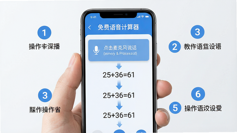主体:手机屏幕上显示“免费语音计算器”的使用教程界面,配有步骤箭头和文字说明。布局:手机居中,周围有步骤指示数字和操作说明。排版:清晰明了,突出教程步骤。风格:干净简洁,以蓝白色调为主。细节:屏幕上有“点击麦克风说话”的提示,并有示例算式“25+36=61”,整体画面干净无多余元素。画质:高清,细节清晰,色彩柔和,干净无多余元素。