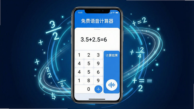 主体:一部智能手机屏幕显示“免费语音计算器”应用界面,界面中有数字键盘和语音输入按钮,旁边有清晰的“计算结果”显示区域。布局:手机居中,周围有轻盈的科技感光效和数学符号点缀。排版:简洁明快,突出应用名称和功能图标。风格:现代扁平化,色彩明亮清新,以蓝色和白色为主色调。细节:手机屏幕上显示“3.5+2.5=6”的示例,语音按钮带有声波图案,整体画面干净无多余元素。画质:高清渲染,细节丰富,色彩饱和,干净无多余元素。