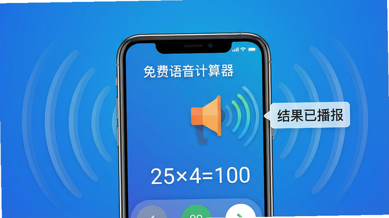 主体:手机屏幕展示“免费语音计算器”界面,同时有一个小喇叭图标发出声波,旁边有“结果已播报”的提示文字。布局:手机居中,声波向四周扩散,背景为渐变蓝色。排版:突出语音播报功能,界面简洁。风格:扁平化设计,色彩科技感强。细节:屏幕上显示“25×4=100”,喇叭图标带有动态声波效果,整体画面干净无多余元素。画质:高清渲染,光影效果自然,干净无多余元素。