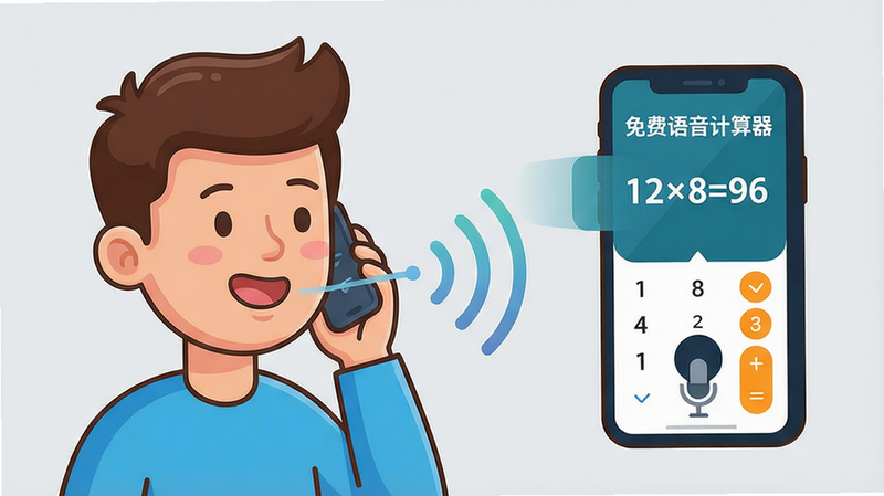 主体:卡通风格的人正在对着手机说话,手机屏幕显示“免费语音计算器”界面,并弹出计算结果。布局:人物位于画面左侧,手机在右侧,中间有语音波纹连接。排版:人物表情轻松,手机界面清晰可见。风格:卡通插画风格,色彩活泼,背景为浅灰色。细节:手机屏幕上显示“12×8=96”,语音波纹从人物嘴巴延伸到手机麦克风,整体画面干净无多余元素。画质:高清矢量风格,细节圆润,色彩过渡自然,干净无多余元素。