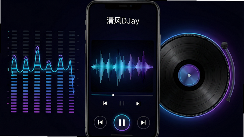���壺һ����Ϊ�����DJay���İ�׿���ֲ��������棬��Ļ������ʾ�����е�DJ��������ͼ����Χ�о�������̬������ת��ƬԪ�ء����֣��ֻ���������չʾ�����涥�����������ơ����DJay���������ײ��в���/��ͣ����һ������һ����ť���Ű棺����ִ�������ͼ����������񣺿Ƽ����������ɶ���ϣ���ɫ�������޺����Ϲ�Ч��ϸ�ڣ�������������������Ƭ���������������޶���ͼ�ꡣ���ʣ�������Ⱦ���ɾ��޶���Ԫ�ء�