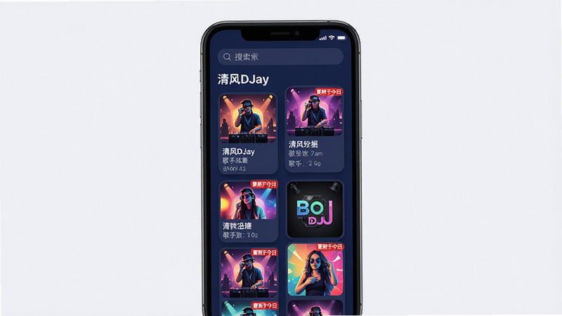 ���壺�ֻ���Ļ��չʾ�����DJay���������б�ҳ�棬�б���Ϊ��ͬDJ������������ͼ�����֣��ֻ��������������������·�Ϊ�ٲ���ʽ������Ƭ���Ű棺ÿ�ſ�Ƭ��ʾ�����������ֺ�ʱ�����������롣����ִ���ƽ��������Ϊ����ɫ����ƬԲ�Ǵ���Ӱ��ϸ�ڣ�����ͼɫ�����ޣ������������ɶ����С������ڽ��ա��ĺ�ɫС��ǩ�����ʣ�������Ⱦ���ɾ��޶���Ԫ�ء�