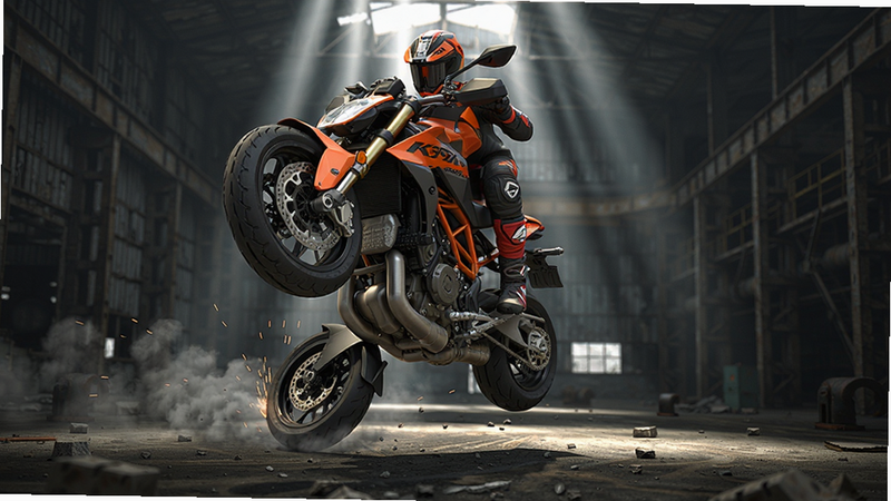 ���壺һ����ɫKTM 1290 Super Duke RĦ�г��ڷ��������Ŀյ��Ͻ����ؼ����ݣ���������ǰ������Ķ����������ڿգ������ǹ�ҵ���������������֣�Ħ�г�λ�ڻ�������ƫ�ϣ���ͷ���ϣ���������ʯ��ҳ������ߴӶ��������γɶ����ЧӦ���Ű棺���������ӽǣ�ͻ�����ֵĸ��Ѷȶ��������дʵ3D��Ⱦ���������������������С�ϸ�ڣ���̥��·�������������������Ľ������ֻ�����ȫ�����ʣ�4K���壬��̬ģ��Ч�����ɾ��޶���Ԫ�ء�