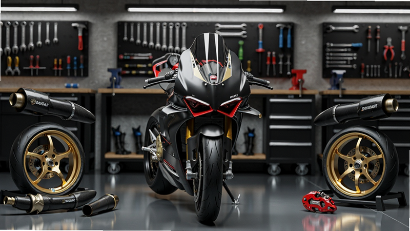 ���壺һ����ɫ�ſ���Panigale V4Ħ�г�ͣ�ڸ�װ�����ڣ���Χ�ڷ��Ÿ��ָ�װ�������̼��ά�����ܡ���ɫ��챡���ɫɲ����ǯ��ǽ�Ϲ����˹��ߡ����֣�Ħ�г�λ�ڻ������룬��ͷ��ǰ�����������չʾ�ܣ��ƹ�۽��ڳ����ϡ��Ű棺���öԳƹ�ͼ��ͻ����װ���ľ���ϸ�ڡ����дʵ3D��Ⱦ����ҵ�绷��������������ϸ�ڣ�����̼��ά���������ɼ�����װ���Ͽ���Ʒ��Logo�������з���Ч�������ʣ�8K���壬�ʸ�ǿ�ң��ɾ��޶���Ԫ�ء�