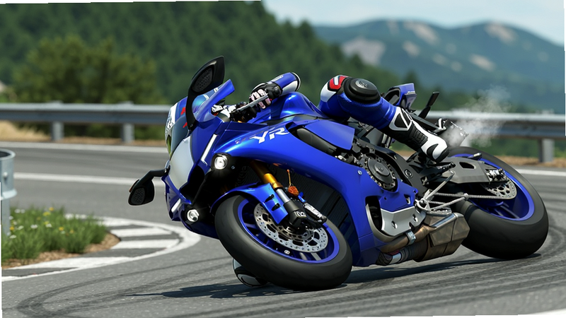 ���壺һ����ɫ������YZF-R1Ħ�г������ѵ�ɽ·�����ѹ�䣬������б�Ƕȼ���ϥ�Ǽ������أ�������������������з������֣�Ħ�г�λ�ڻ����Ҳ࣬��ͷ���������������ɫɽ����Ϊ������·����������̥�ۼ����Ű棺���õͽǶ����ģ�ͻ������ѹ��Ķ�����̬�����дʵ3D��Ⱦ����Ȼ��������ɫ�����ޡ�ϸ�ڣ����������ʸ�ǿ�ң�ɲ���̷��죬����Ͳ����������̣�Զ����ģ����ɽ�͡����ʣ�4K���壬ϸ�ڷḻ���ɾ��޶���Ԫ�ء�