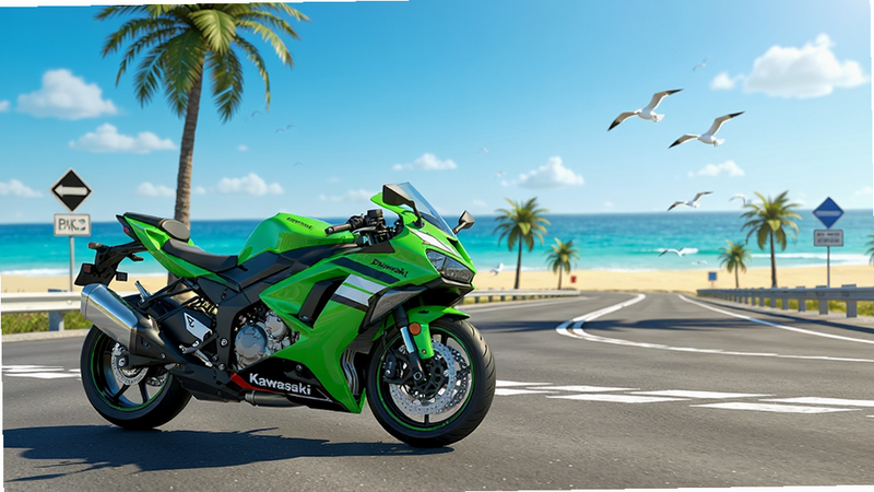 ���壺һ����ɫ����Ninja H2Ħ�г����������ĵĺ��߹�·����ʻ�������Ǳ����Ĵ����ɫ��ɳ̲��·��������������֣�Ħ�г�λ�ڻ�����࣬��ͷ���ң���·��ͷ�Ǻ�ƽ�ߣ�������м�����ơ��Ű棺���ù�Ǿ�ͷ��չ�ֿ�������Ұ��׳���ķ羰�����дʵ3D��Ⱦ������ɫ���������ȼ���Ϣ��ϸ�ڣ��������淴�������뺣��Ĺ�Ӱ��·�������ɼ���Զ���к�Ÿ���衣���ʣ�4K���壬ͨ͸�ɾ����޶���Ԫ�ء�