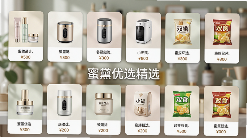 ���壺һ�ž�������Ʒ�Ƽ�ҳ�棬չʾ��������ѡ��Ӧ���ڵľ�ѡ��Ʒ����������Ʒ��С�ҵ����ʳ�����֣������ƷͼƬ��������ʽ���У��м��С�������ѡ��ѡ���������Ű棺��Ʒ��Ƭ���룬ÿ����Ƭ�·������ƺͼ۸��ǩ�����������ҵ���ɫ����ͣ�ϸ�ڣ���Ʒ��Ӱ��Ȼ�������黯��ͻ�����壻���ʣ����壬�ɾ��޶���Ԫ�ء�