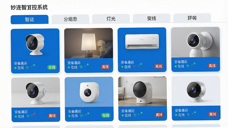 ���壺�����ǿ�ϵͳ���豸�������棬չʾ��������豸��Ƭ������ͷ���ƹ⡢�յ��ȣ��������У����֣��Ϸ�Ϊ�����ǩ�����·�Ϊ�豸������ͼ���Ű棺��Ƭʽ���֣�ÿ����Ƭ���豸��Ƭ��״̬ͼ�ꣻ�����ˬ����磬������ɫ��ϸ�ڣ��豸��Ƭ�ϱ��С����ߡ��������ߡ�״̬�����ʣ����壬�ɾ�����