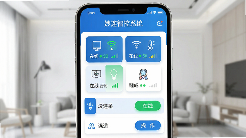 ���壺�����ǿ�ϵͳ�ֻ�����չʾ����������Ϊ�豸������壬������������豸ͼ����ʵʱ״ָ̬ʾ�ƣ����֣��Ϸ�Ϊ�������ơ������ǿ�ϵͳ���������·�Ϊ�豸�б��������ť���������룻�Ű棺��ƽ����ƣ���Ƭʽ���֣�ɫ��������Ϊ����������ɫ����������ִ��Ƽ��У����������ϸ�ڣ�ÿ���豸��Ƭ��ʾ���ơ�����״̬���ź�ǿ�ȣ����ʣ�������Ⱦ���ɾ��޶���Ԫ��