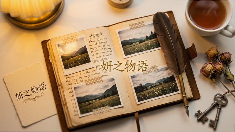 ���壺һ��̯���ĸ����ռǱ���ҳ��������д��������ճ���ķ羰��Ƭ���Ա߷���һ֧��ë�ʺ�һ���Ȳ衣���֣��ռǱ�ռ�ݻ������룬����С���֮���������С��Ƭ���Ҳ�ɢ���Ÿɻ���Կ�ס��Ű棺������ø����ӽǣ��ռǱ�����ߴ������£����֡���֮����Խ�ɫ�����ֳ��֡������ܰ���˷磬ů��ɫ�ƹ⣬ǳ����Ч�������ʣ��߷ֱ��ʣ��ɾ����޶���Ԫ�ء�