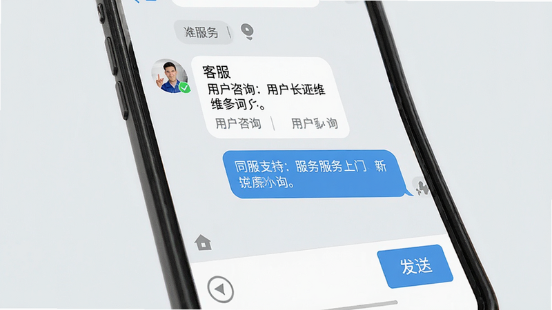 一张展示维修师傅同城上门客服对话界面的手机截图,屏幕中显示用户咨询问题与客服回复内容,下方有“发送”按钮,背景为浅灰色,风格简洁,突出服务支持,画质干净,无多余元素