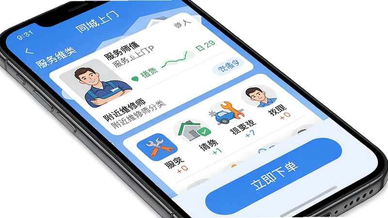 一张展示维修师傅同城上门APP主界面的高清手机截图,界面清晰显示附近维修师傅列表、服务分类图标、以及“立即下单”按钮,整体风格简洁明亮,以蓝色为主色调,突出专业与信赖感,画质干净,无多余元素