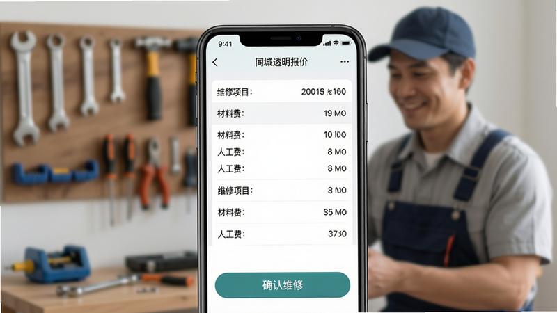 一张展示维修师傅同城上门透明报价界面的手机截图,屏幕中清晰列出维修项目、材料费、人工费等明细,并显示“确认维修”按钮,背景虚化处理,突出价格透明主题,风格写实,色彩柔和,画质干净,无多余元素