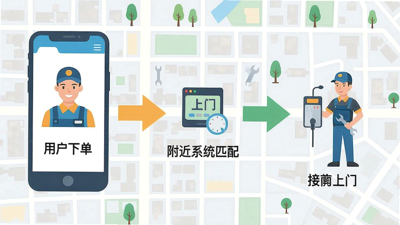 一张展示维修师傅同城上门智能派单流程的示意图,图中包含用户手机下单、系统匹配附近师傅、师傅接单并上门的流程箭头,背景为城市地图网格,风格扁平化,色彩清晰,突出效率与科技感,画质干净,无多余元素