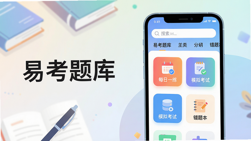 主体:一部亮着屏幕的智能手机,屏幕上显示“易考题库”app的题库列表页面,上方有搜索框和分类标签。布局:手机位于画面中央偏右,屏幕内容清晰可辨,背景是柔和的渐变色,左侧留白并有几本散落的书籍和一支笔。排版:简洁的扁平化设计风格,信息层级分明,突出软件名称“易考题库”。风格:现代、清新、具有学习氛围的科技感插画。细节:屏幕中展示“每日一练”、“模拟考试”、“错题本”等彩色功能入口图标,界面UI设计精美。画质:4K高清,干净,无多余元素。