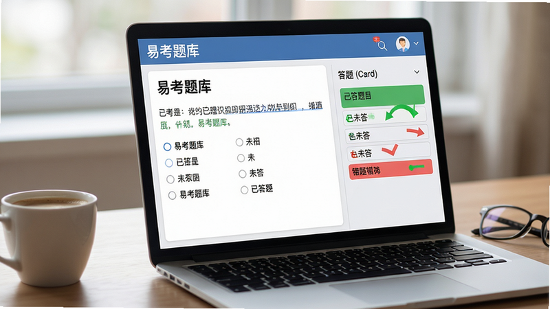 主体:一个打开的笔记本电脑,屏幕上显示“易考题库”的做题界面,左侧是题目,右侧是答题卡。布局:电脑斜放在书桌上,屏幕占比大,旁边有一杯咖啡和一副眼镜。排版:界面布局清晰,题目区域与选项区域分明,右侧答题卡有绿色和红色的标记。风格:写实风格与轻微景深效果结合。细节:屏幕中一道选择题下方有四个选项,右侧答题卡显示已答题目为绿色,未答为白色,错题为红色,画面光线柔和。画质:高分辨率,干净,无多余元素。