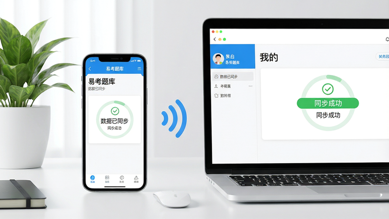 主体:一部智能手机与一台笔记本电脑并排放在桌上,两台设备屏幕均显示“易考题库”的“我的”页面,并标注“数据已同步”。布局:手机在左,电脑在右,中间有无线信号图标连接。排版:画面色彩明亮,设备屏幕清晰显示用户名和“同步成功”字样。风格:商务办公风格,写实渲染。细节:桌面有绿植点缀,整体氛围干净专业。画质:高清,干净,无多余元素。