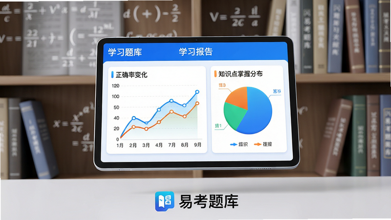 主体:一块平板电脑悬浮在桌面上方,屏幕显示“易考题库”的学习报告页面,包含折线图与饼状图。布局:平板电脑居中,背景是带有公式和书本的模糊书架,画面下方有“易考题库”的LOGO。排版:数据图表色彩鲜艳,折线图展示正确率变化,饼图展示知识点掌握分布。风格:科技感与教育感融合的3D渲染风格。细节:图表标注清晰,界面顶部显示“学习报告”字样,整体色调以蓝白为主。画质:超清,干净,无多余元素。