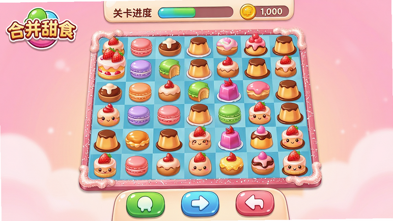 主体:游戏主界面展示,画面中央是色彩缤纷的甜点合成棋盘,上方显示关卡进度和金币数量,下方有操作按钮。布局:居中对称,甜点按网格排列,背景为柔和粉色渐变。排版:UI图标清晰,甜点造型圆润可爱,有“合并甜食”logo置于左上角。风格:卡通治愈系,明亮活泼。细节:草莓蛋糕、马卡龙、布丁等甜点表面有光泽,棋盘边缘有糖霜装饰。画质:高清细腻,干净无多余元素,整体氛围甜蜜温馨。