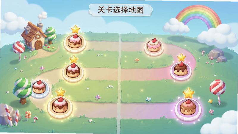 主体:关卡选择地图展示,多个节点代表不同关卡,已通关关卡显示星星评价。布局:纵向卷轴式地图,路径蜿蜒,节点有甜点图标。排版:节点大小渐变,远处有云朵和彩虹。风格:梦幻卡通,色彩轻柔。细节:地图上有小房子、糖果树等装饰,节点发光。画质:高清细腻,干净无杂乱,整体视野开阔。