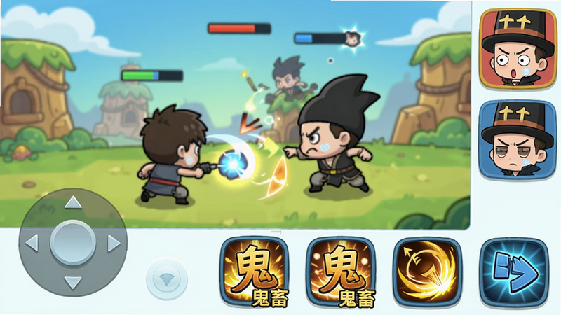 主体:《十万个冷笑话番剧版》游戏操作界面截图,画面中间是战斗场景,下方是技能按钮,右侧是角色头像。布局:战斗场景占据屏幕大部分,技能按钮在右下角,左侧有摇杆。排版:界面元素紧凑,按钮图标清晰。风格:Q版卡通风格,色彩明亮。细节:技能按钮上有“鬼畜”字样,角色头像有表情变化。画质:高清,干净,无多余元素。