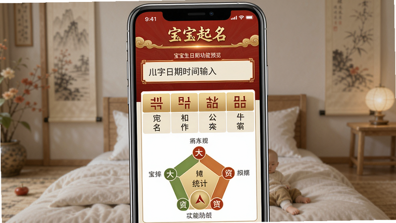 宝宝起名八字排盘功能预览,手机界面展示宝宝出生日期时间输入框,下方显示八字四柱和五行统计图,金色与红色配色,标注“宝宝起名”品牌名,图表清晰,风格专业,画质高清,干净无多余元素