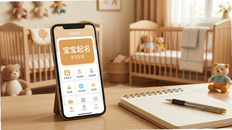 宝宝起名使用教程场景图,手机放在桌面,屏幕显示应用主界面,旁边有记事本和笔,背景为温馨的婴儿房,有婴儿床和玩具,整体色调温暖,品牌名“宝宝起名”清晰可见,构图干净,画质细腻