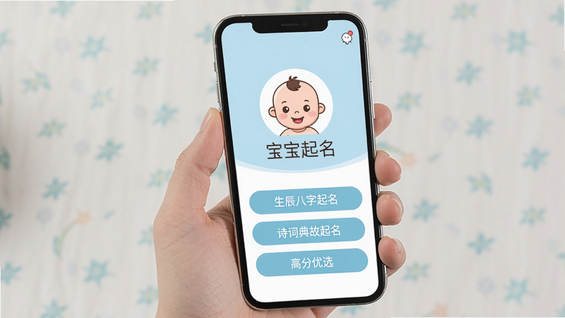 宝宝起名软件主界面展示,手机屏幕中显示宝宝起名应用,界面清新淡雅,主色调为浅蓝色与白色,中央有宝宝卡通头像和“宝宝起名”字样,下方排列着“生辰八字起名”、“诗词典故起名”、“高分优选”等按钮,整体布局简洁大方,扁平化设计风格,画质清晰,干净无多余元素