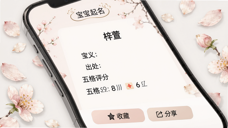 宝宝起名名字详情与分享页面,手机界面展示一个名字“梓萱”的详情,包含字义、出处、五格评分,底部有收藏和分享按钮,背景淡雅,周围有花瓣装饰,品牌名“宝宝起名”在顶部,布局美观,画质清晰,干净无多余元素