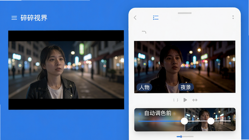 一款名为“碎碎视界”的安卓应用功能界面,左侧显示原始视频画面,右侧实时展示AI识别出的场景标签如“人物”“夜景”,底部有自动调色前后的对比滑块。界面干净清爽,采用蓝白配色,画质细腻,布局规整,无多余元素。