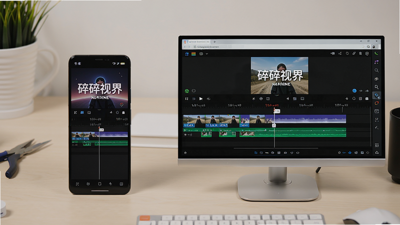 展示“碎碎视界”安卓版在手机与电脑模拟器上运行对比图,左侧为手机竖屏界面,右侧为电脑模拟器横屏界面,两者均显示同样的剪辑时间轴。背景为浅色工作台,画面清晰,细节丰富,干净无多余元素。