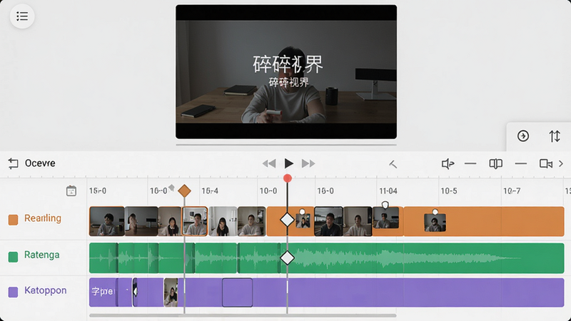 展示“碎碎视界”安卓版的多轨时间轴编辑界面,上方是预览窗口,下方排列着视频轨、音频轨、字幕轨,各轨用不同颜色区分,轨道上有可拖动的片段块与关键帧菱形标记。界面采用浅灰色主题,线条清晰,画质干净,无多余元素。