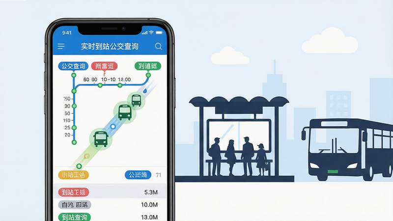 主体:一部亮屏的智能手机,屏幕显示“实时到站公交查询”APP界面,界面清晰展示公交线路图、车辆位置图标和到站时间列表;布局:手机居中偏左,右侧留白区域配以城市公交站台和行驶中的公交车剪影,形成虚实结合;排版:界面元素排列整齐,线路信息用彩色标签区分,车辆位置用绿色圆点标识;风格:扁平化设计,清新自然,主色调为蓝色和白色,符合交通出行类应用的视觉习惯;细节:屏幕中的公交车辆图标带有动态移动轨迹线,站台旁有等待的乘客剪影,天空飘着几朵白云;画质:高清渲染,干净,无多余元素,整体明亮通透。
