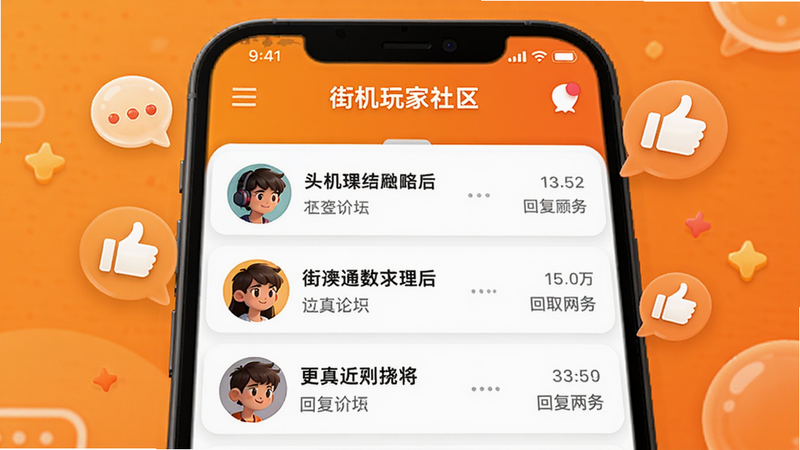 展示“街机玩家社区”APP的社区界面,屏幕中显示论坛帖子列表,有用户头像、标题和回复数,背景为温馨的橙色色调,带有气泡和点赞图标,风格活泼,细节清晰,画质高清,干净无多余元素。