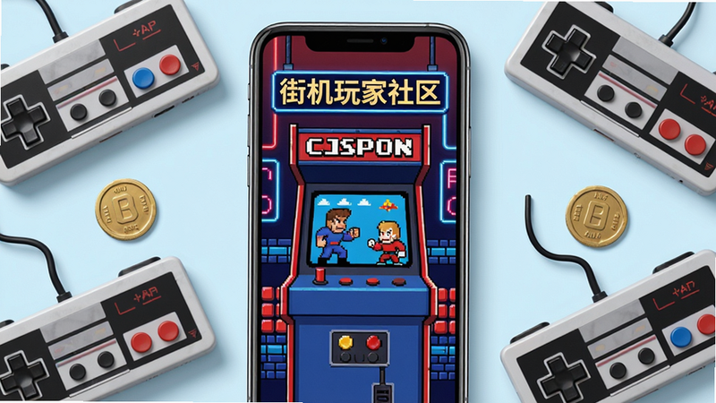 画面中央展示一款智能手机,手机屏幕中显示“街机玩家社区”APP界面,界面风格为复古街机风格,红蓝配色,背景有像素风格的游戏角色和霓虹灯装饰,周围有游戏手柄和硬币元素,整体布局饱满,排版居中,风格为现代科技与复古游戏结合,细节丰富,画质高清,干净无多余元素。
