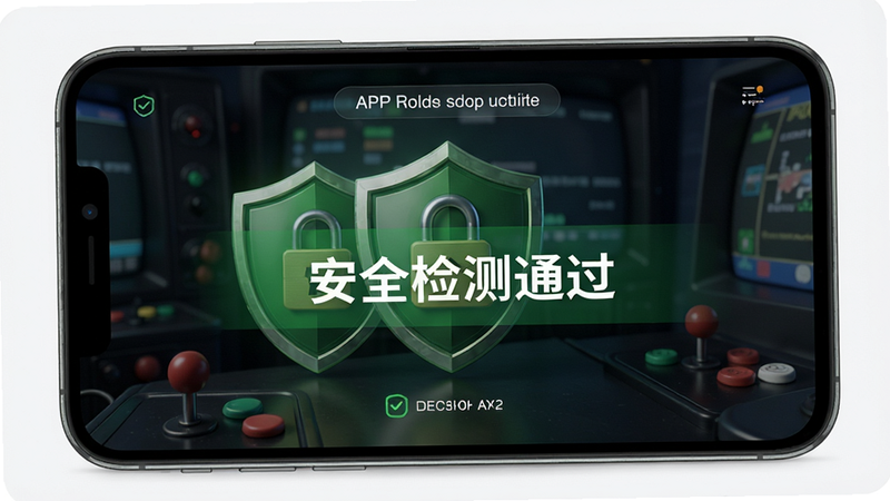 展示“街机玩家社区”APP的安全认证界面,屏幕中显示“安全检测通过”的字样,背景为绿色盾牌和锁图标,风格简洁正式,细节清晰,画质高清,干净无多余元素。