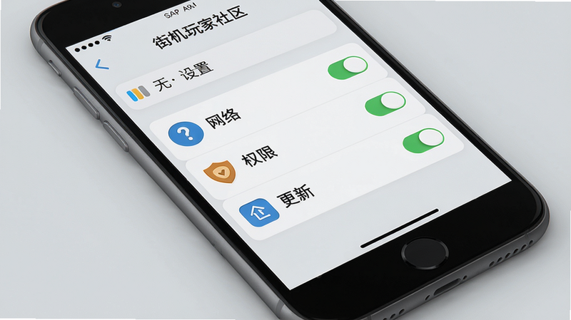 展示“街机玩家社区”APP的使用指南界面,屏幕中显示设置选项列表,包括网络、权限、更新等,背景为简洁的浅灰色,带有图标和开关,风格清爽,细节清晰,画质高清,干净无多余元素。