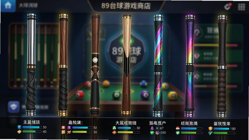 主体:89台球游戏商店界面,展示一排精美的球杆,每根球杆造型各异,有金属质感、木质纹理、炫彩光效等。布局:横向排列展示,球杆竖直居中,背景为游戏主界面虚化。排版:球杆下方标注名称和属性,界面简洁明了。风格:游戏UI风格,图标精致,光效绚丽。细节:球杆握把纹路清晰,属性条用彩色进度条显示。画质:高清渲染,色彩饱满,干净无多余元素。