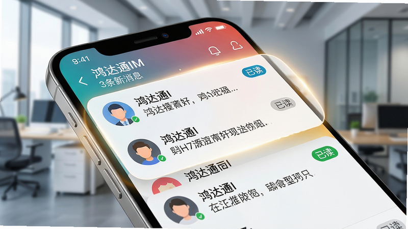 主体:手机屏幕上显示鸿达通IM的消息通知栏,包含多条消息预览和“已读”标记。布局:手机斜放,通知栏细节放大展示,周围有柔和的光效。排版:清晰的消息列表,每条消息有头像、昵称和内容摘要。风格:写实与科技结合,色彩鲜艳。细节:屏幕顶部显示“鸿达通IM”和“3条新消息”,消息气泡带有已读标记,背景为现代办公室场景虚化。画质:8K超清,画面干净,无多余元素。
